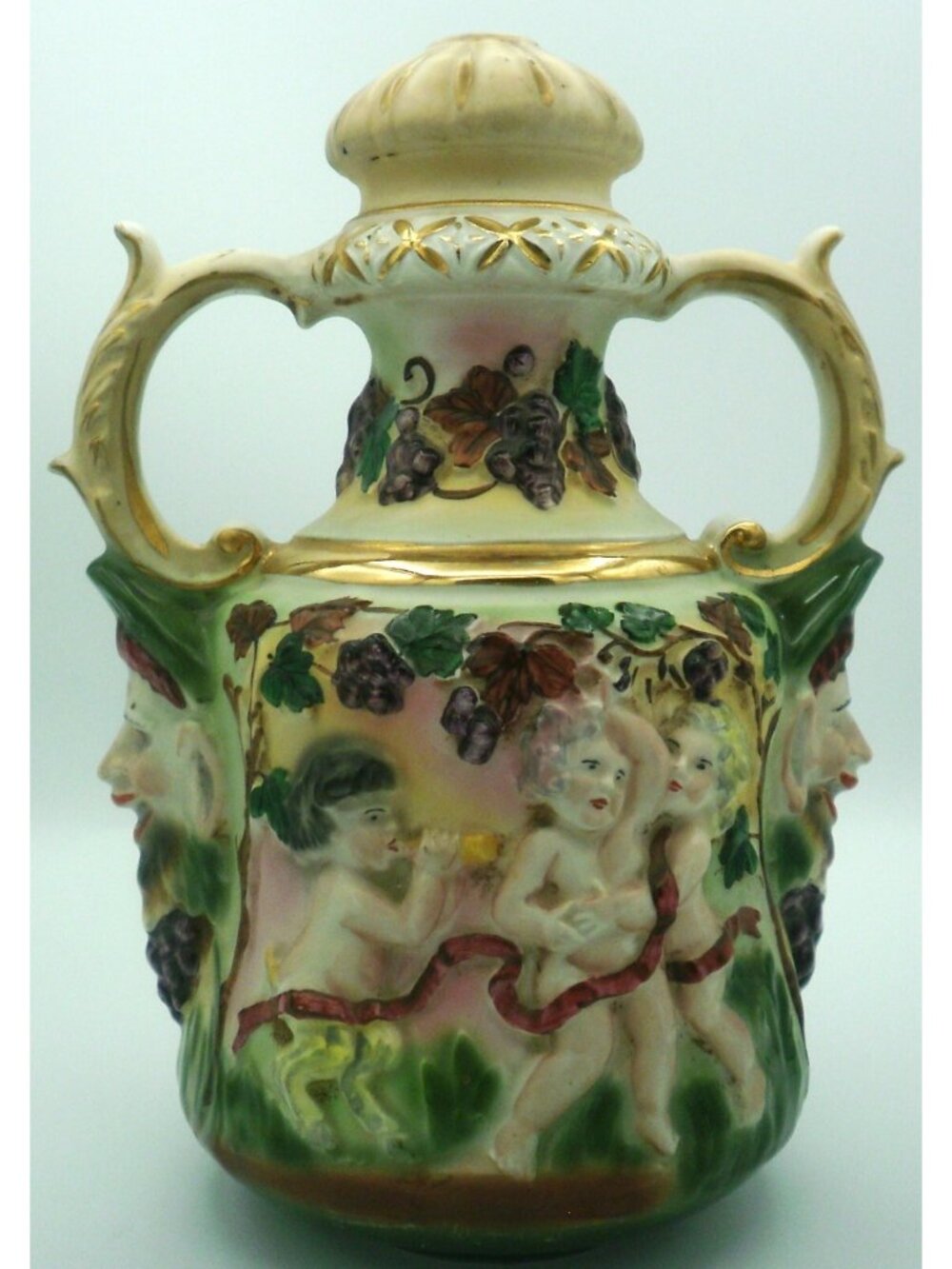 Antique Majolica Porcelain Ceramic Lamp Base Cherubs Grapes Decorative Piece